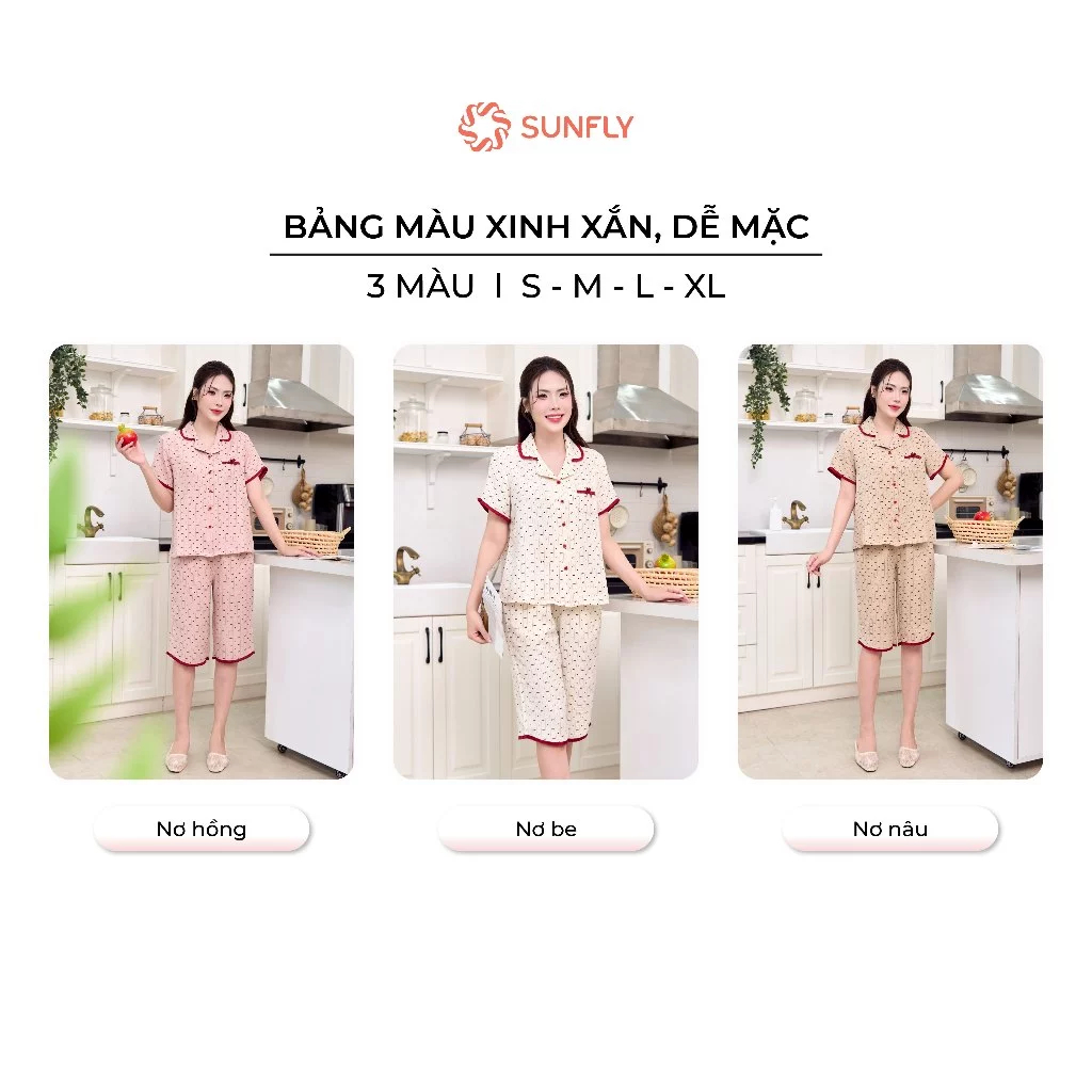 ST9347 Bộ pijama nữ mặc nhà áo cộc quần ngố đũi vân mây nhẹ mát, trẻ trung SUNFLY