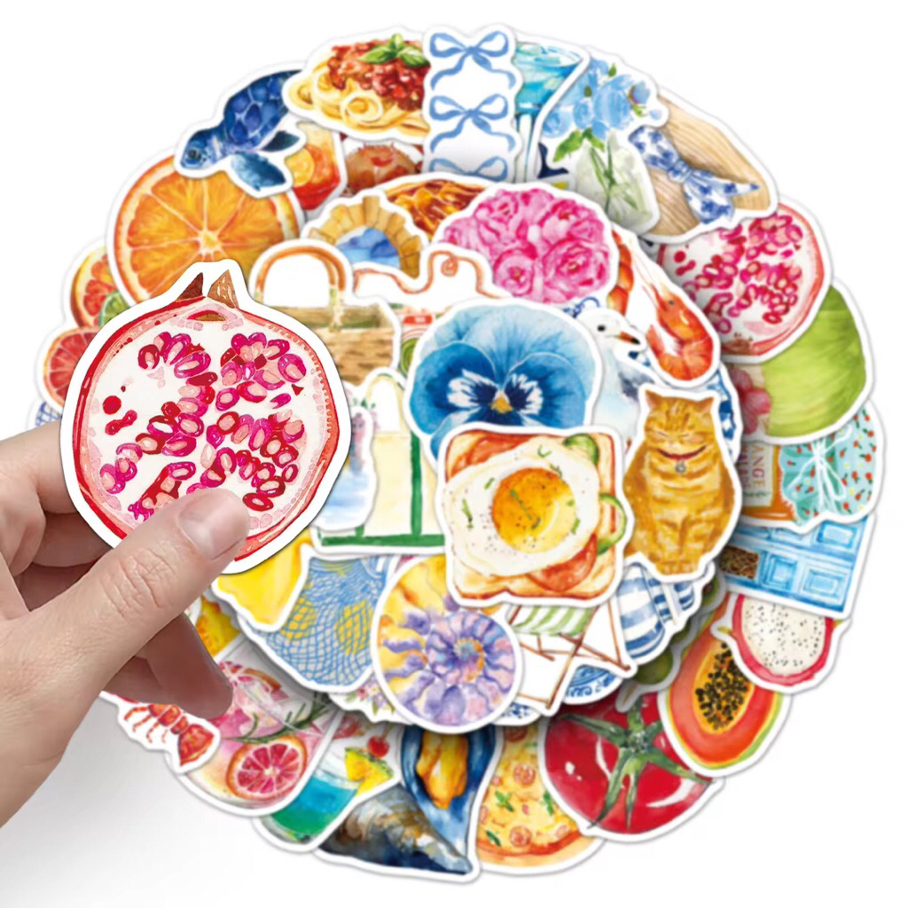 100 sticker tổng hợp phong cách art đồ ăn và cảnh biển vẽ tay chống nước tốt
