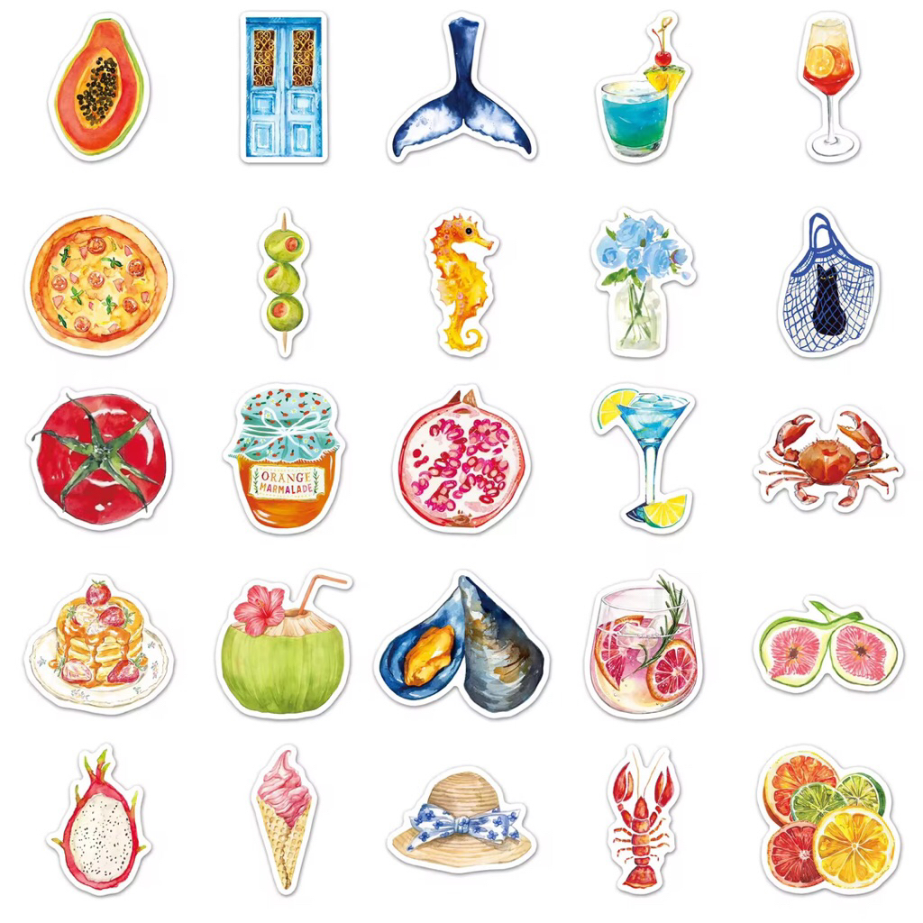 100 sticker tổng hợp phong cách art đồ ăn và cảnh biển vẽ tay chống nước tốt