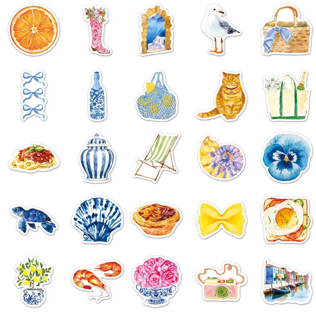 100 sticker tổng hợp phong cách art đồ ăn và cảnh biển vẽ tay chống nước tốt