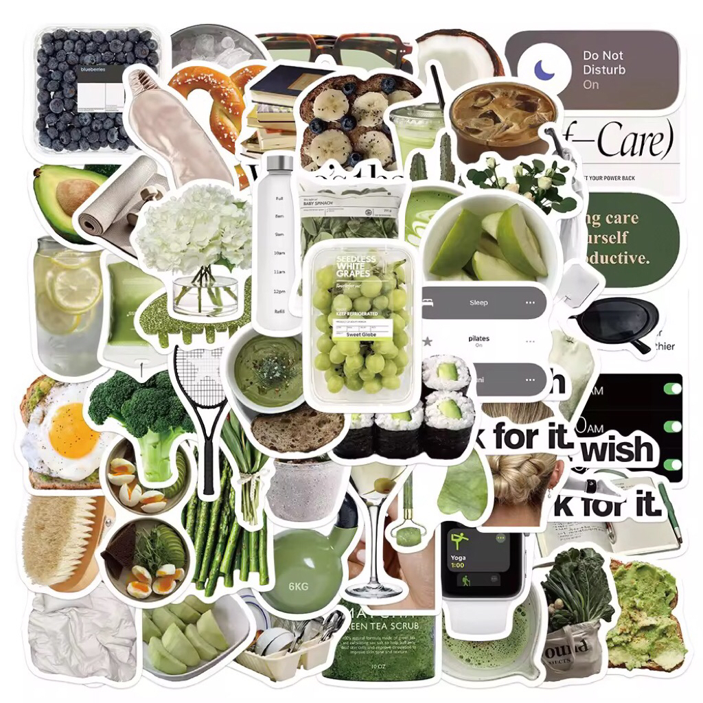 100 sticker những đồ vật màu MATCHA trang trí đồ dùng mũ bảo hiểm ly uống nước văn phòng phẩm chống nước tốt