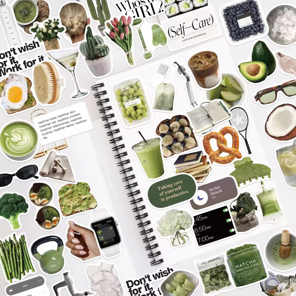100 sticker những đồ vật màu MATCHA trang trí đồ dùng mũ bảo hiểm ly uống nước văn phòng phẩm chống nước tốt