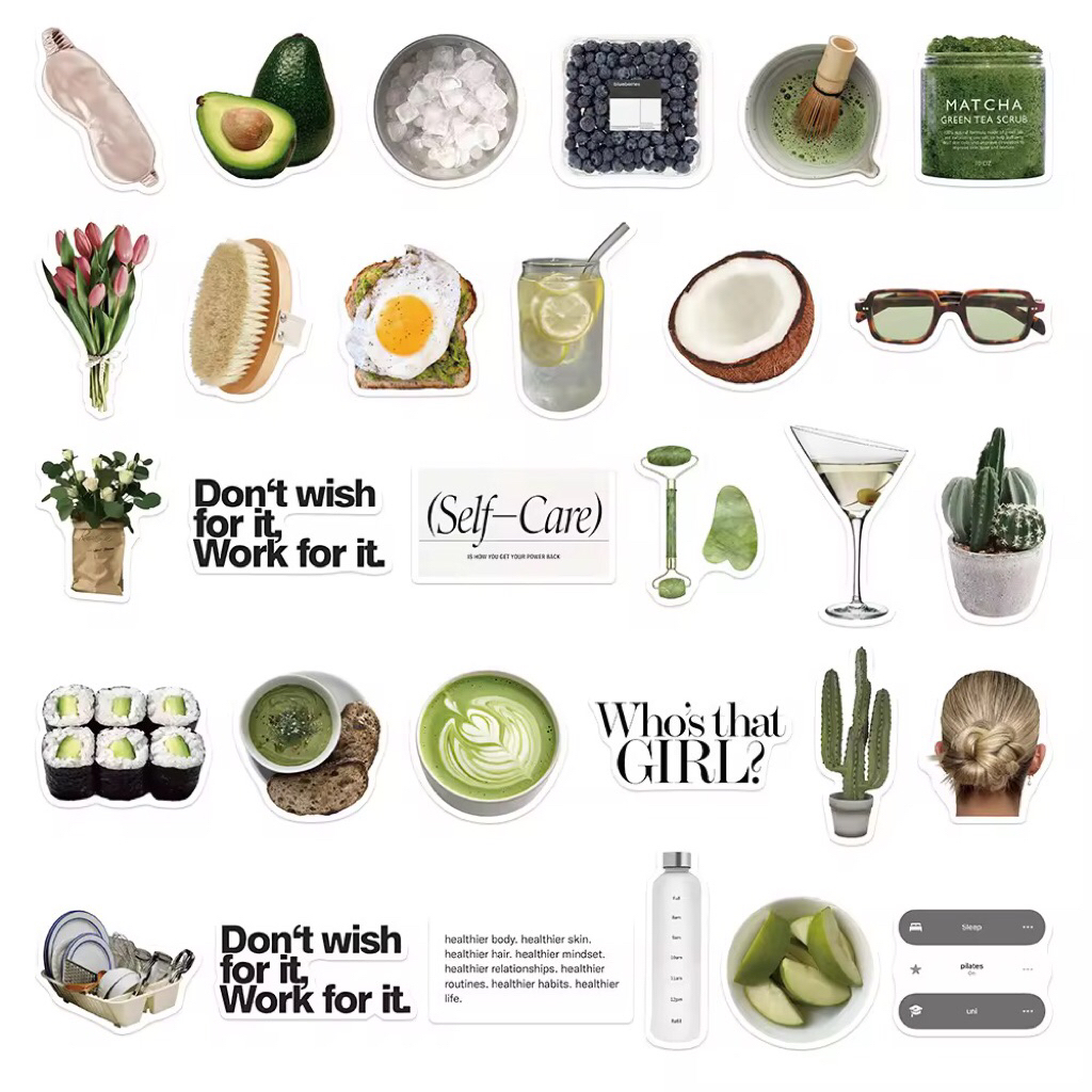 100 sticker những đồ vật màu MATCHA trang trí đồ dùng mũ bảo hiểm ly uống nước văn phòng phẩm chống nước tốt
