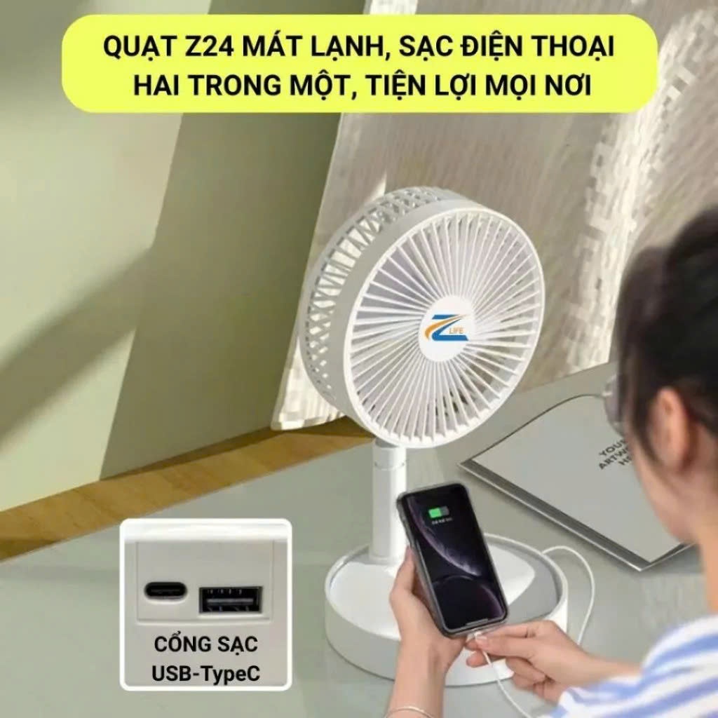 Quạt Tích Điện Pin Trâu Cỡ Lớn, Quạt Sạc Điện Gấp Gọn ZLife Thông Minh Sạc Pin Kéo Dài 1m Pin 15.000