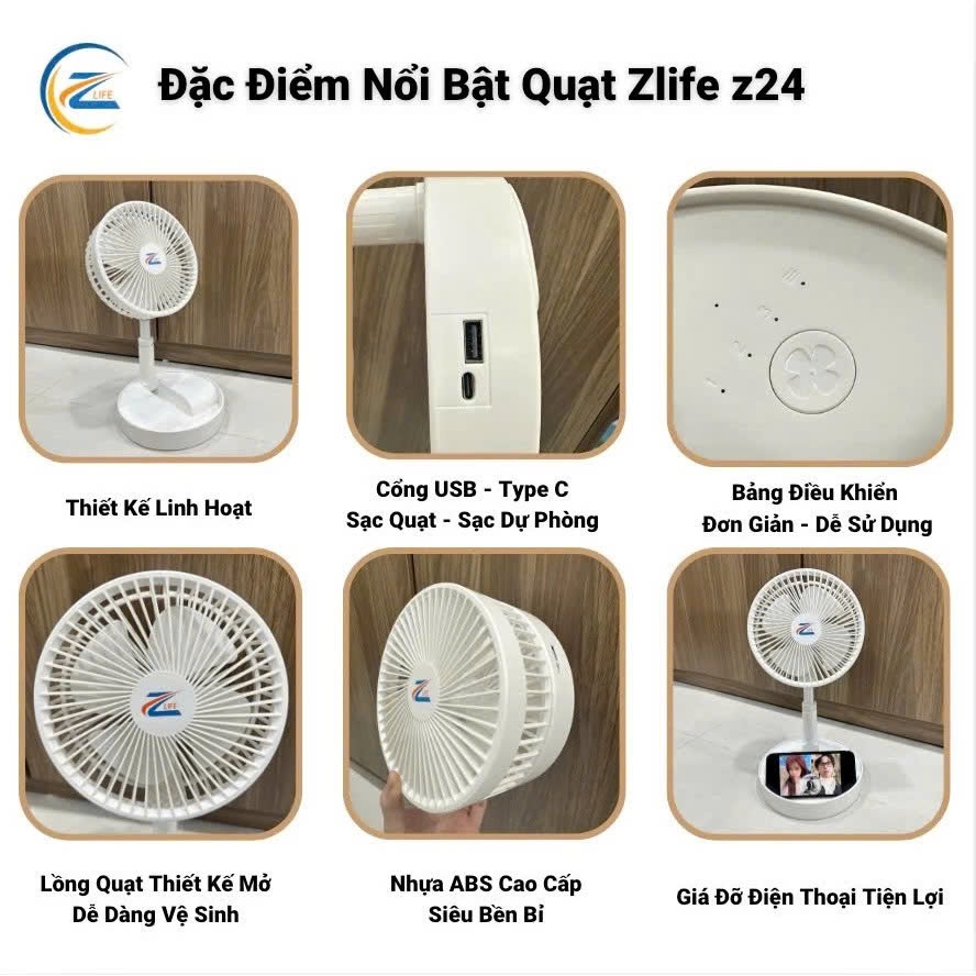 Quạt Tích Điện Pin Trâu Cỡ Lớn, Quạt Sạc Điện Gấp Gọn ZLife Thông Minh Sạc Pin Kéo Dài 1m Pin 15.000