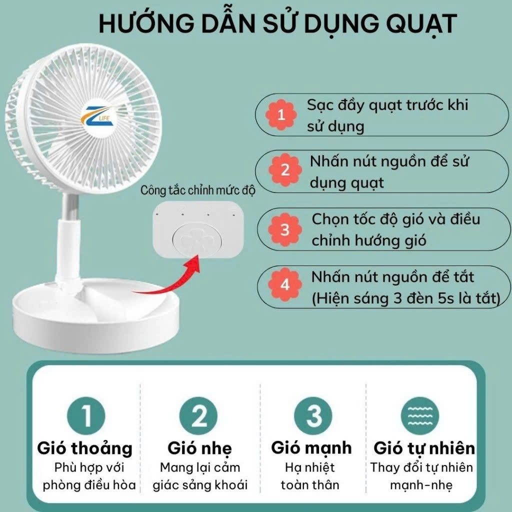 Quạt Tích Điện Pin Trâu Cỡ Lớn, Quạt Sạc Điện Gấp Gọn ZLife Thông Minh Sạc Pin Kéo Dài 1m Pin 15.000