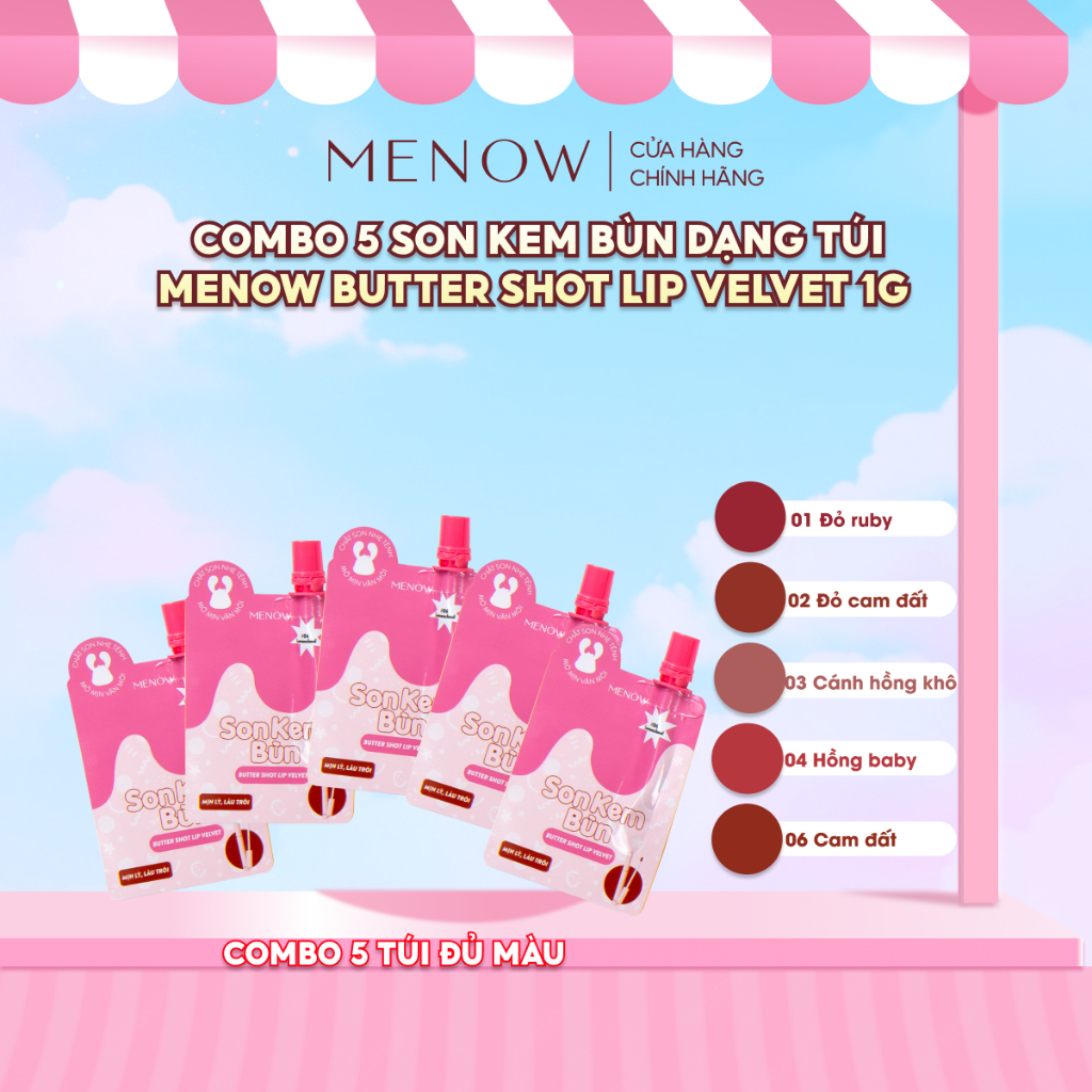 COMBO 5 Son kem bùn dạng túi Menow Butter Shot Lip Velvet 1g x5