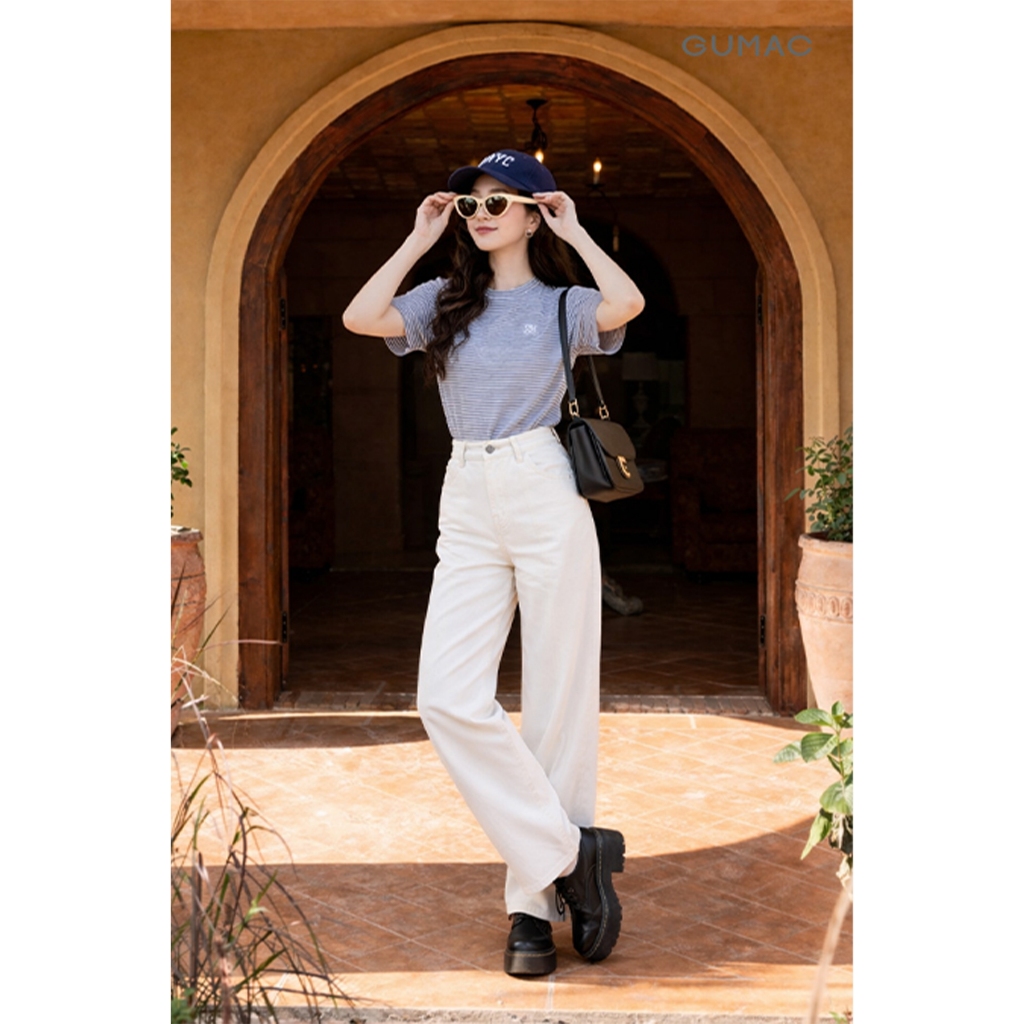 Quần Jeans Nữ GUMAC - Gmorning Ống Suông Túi Đắp Sau Thêu Chữ GMOR Tinh Tế YQJF03049