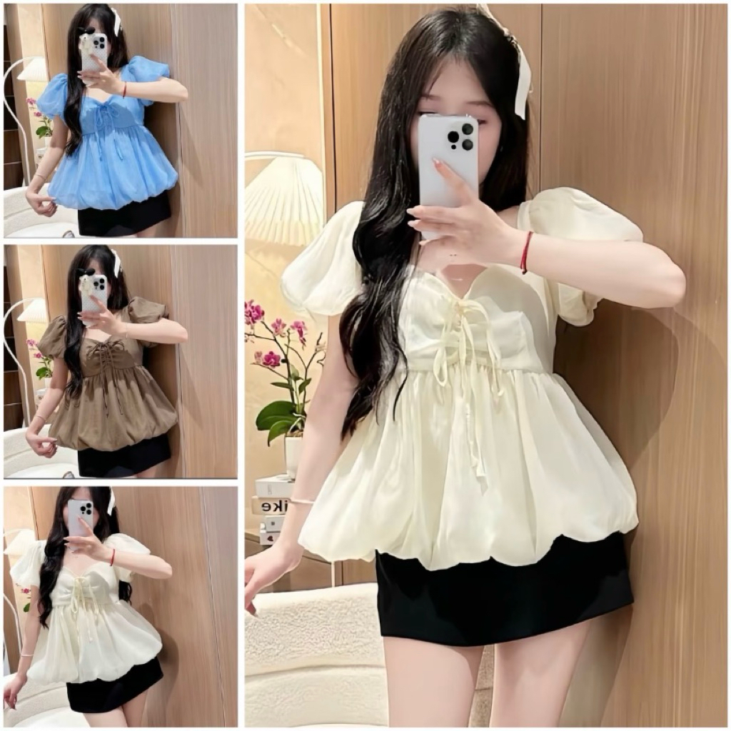 Áo babydoll tay ngắn vải tơ lụa 2 lớp bigsize 40-85kg 1541 kiểu dáng rút nơ xinh xắn dễ thương L1