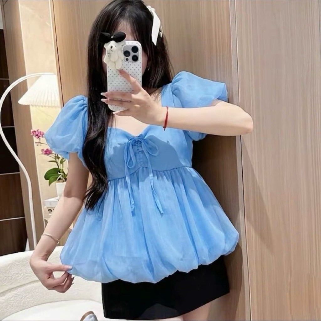 Áo babydoll tay ngắn vải tơ lụa 2 lớp bigsize 40-85kg 1541 kiểu dáng rút nơ xinh xắn dễ thương L1
