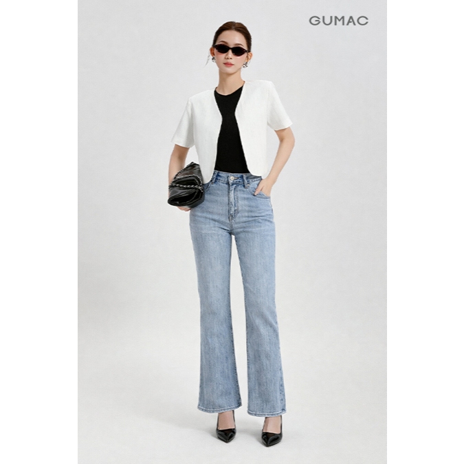 Quần Jeans Nữ Ống Loe GUMAC Phối Chỉ Nổi Chất Denim Thun Wash Sáng Tôn Dáng LQJF0545
