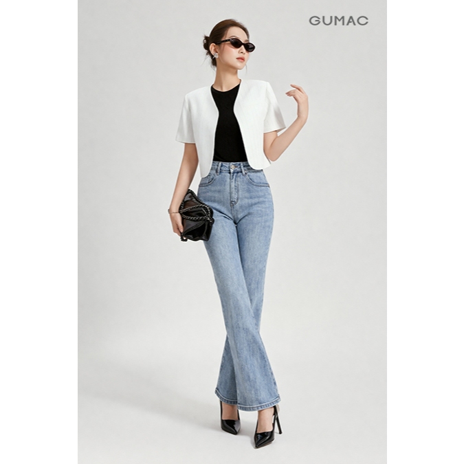 Quần Jeans Nữ Ống Loe GUMAC Phối Chỉ Nổi Chất Denim Thun Wash Sáng Tôn Dáng LQJF0545