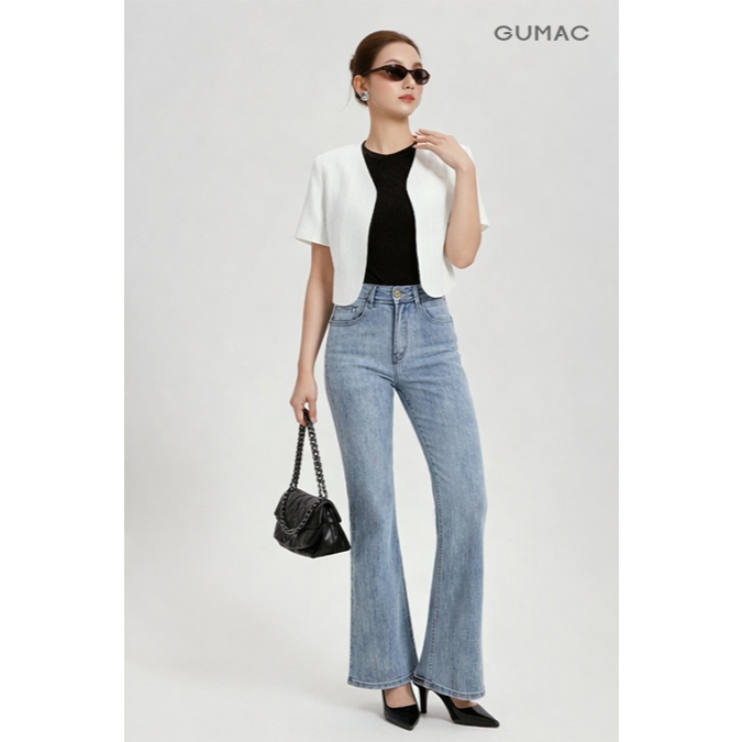 Quần Jeans Nữ Ống Loe GUMAC Phối Chỉ Nổi Chất Denim Thun Wash Sáng Tôn Dáng LQJF0545
