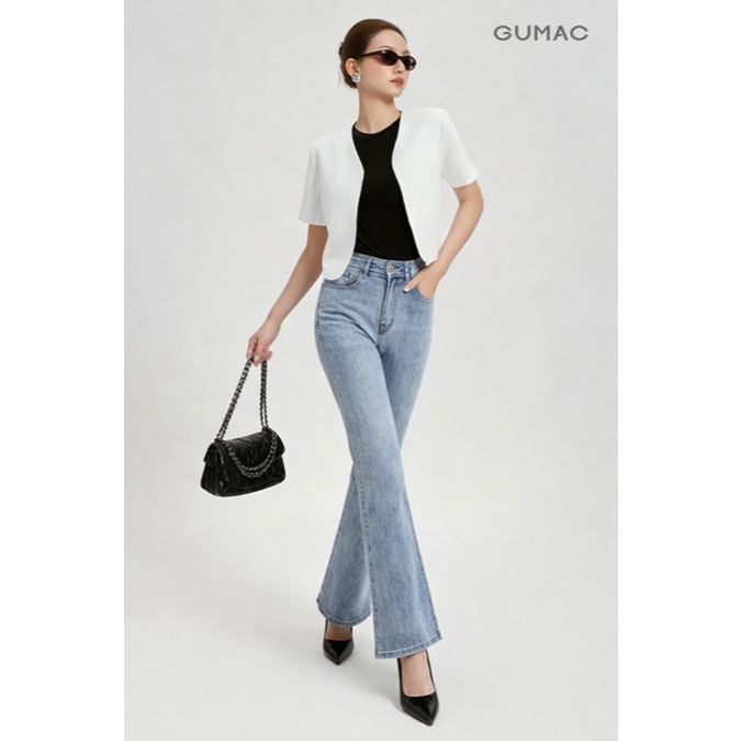 Quần Jeans Nữ Ống Loe GUMAC Phối Chỉ Nổi Chất Denim Thun Wash Sáng Tôn Dáng LQJF0545