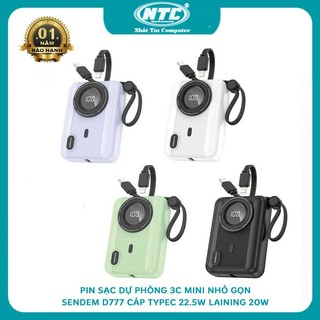 [CÓ 3C] Pin dự phòng mini SENDEM 3C-D777 10000nah 2 cáp sạc nhanh typeC 22.5W & laining 20W - LCD %