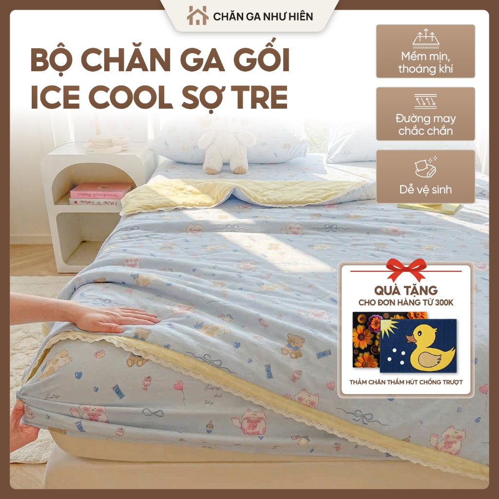 [NEW] Bộ Ga Giường 4 Món Hè Ice Cool Sợi Tre Đũi Mát Lạnh – Ga Bọc, 2 Vỏ Gối, Chăn Hè Siêu Thoáng