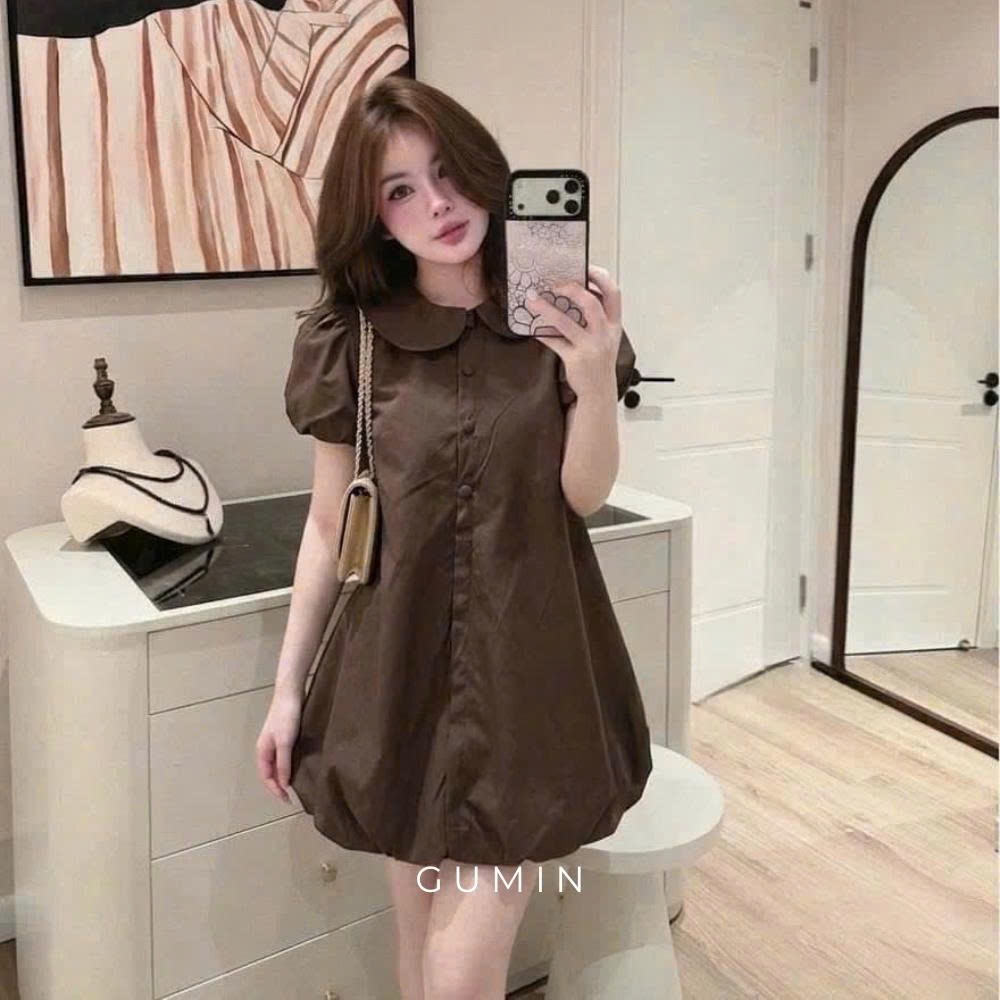 Đầm kaki cổ sen GUMIN thiết kế dáng suông ngắn bồng bí tiểu thư, Váy dự tiệc nữ thanh lịch sang trọng