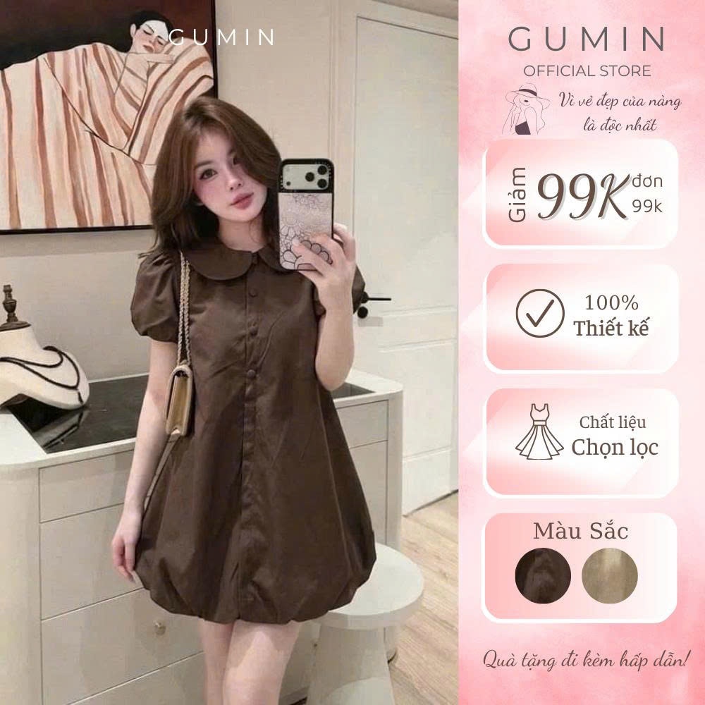 Đầm kaki cổ sen GUMIN thiết kế dáng suông ngắn bồng bí tiểu thư, Váy dự tiệc nữ thanh lịch sang trọng