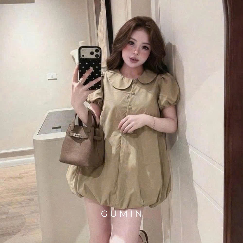 Đầm kaki cổ sen GUMIN thiết kế dáng suông ngắn bồng bí tiểu thư, Váy dự tiệc nữ thanh lịch sang trọng