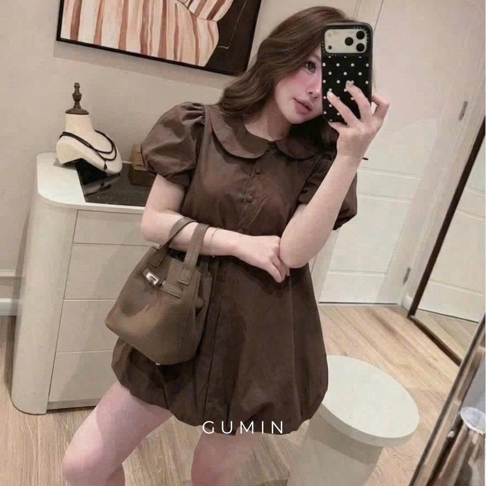 Đầm kaki cổ sen GUMIN thiết kế dáng suông ngắn bồng bí tiểu thư, Váy dự tiệc nữ thanh lịch sang trọng