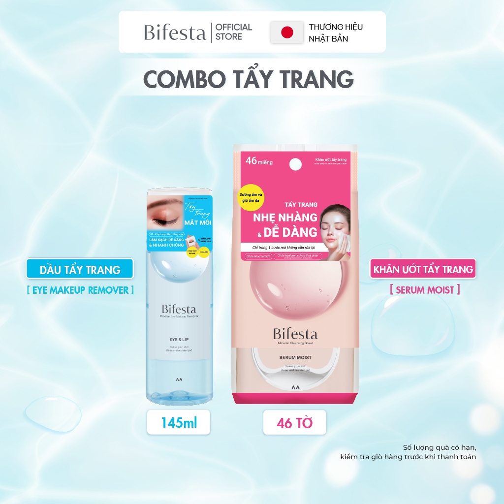 Combo Dầu Tẩy Trang Mắt Micellar Eye Makeup Remover 145ml & Khăn Tẩy Trang 46 Tờ