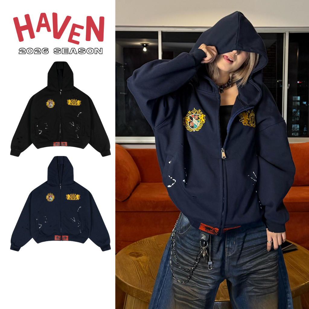 Áo Khoác Hoodie Zip Haven Studio nam nữ form boxy chất nỉ cua thêu có màu xanh đen và màu đen