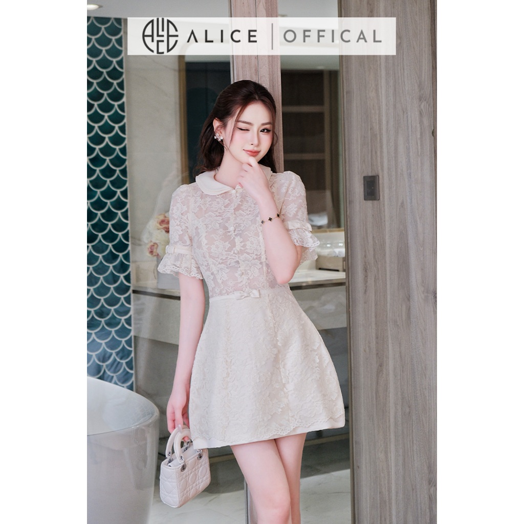 Váy Ren Hoa Nổi Cao Cấp Alice Dáng Xòe Tiểu Thư, Đầm Thiết Kế Chữ A Cổ Sen Phối Nơ Sang Chảnh T452