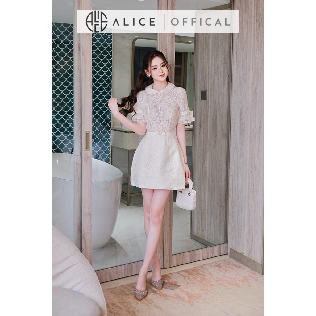 Váy Ren Hoa Nổi Cao Cấp Alice Dáng Xòe Tiểu Thư, Đầm Thiết Kế Chữ A Cổ Sen Phối Nơ Sang Chảnh T452