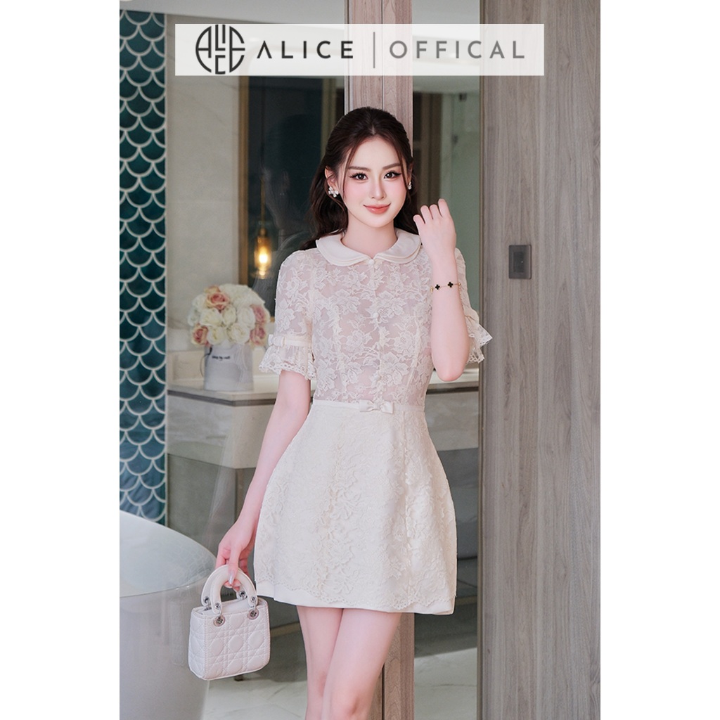 Váy Ren Hoa Nổi Cao Cấp Alice Dáng Xòe Tiểu Thư, Đầm Thiết Kế Chữ A Cổ Sen Phối Nơ Sang Chảnh T452