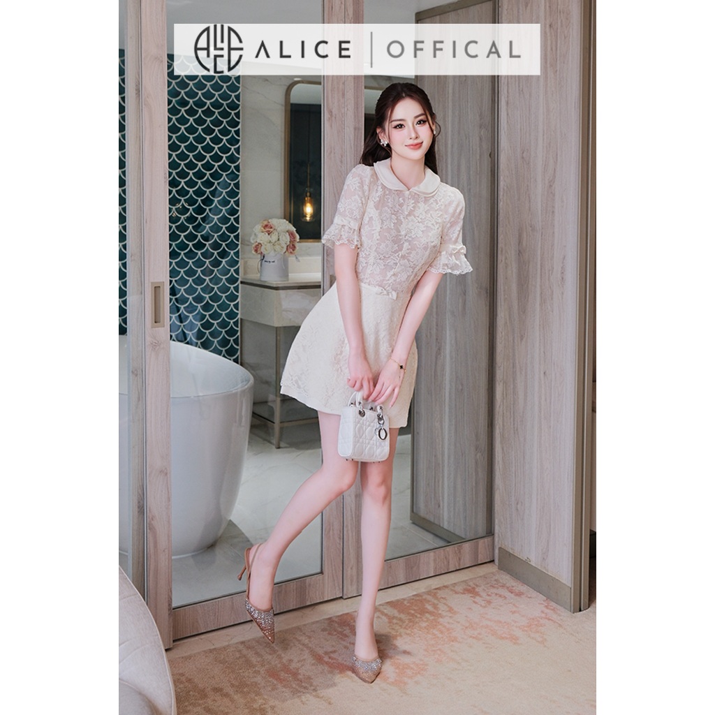 Váy Ren Hoa Nổi Cao Cấp Alice Dáng Xòe Tiểu Thư, Đầm Thiết Kế Chữ A Cổ Sen Phối Nơ Sang Chảnh T452