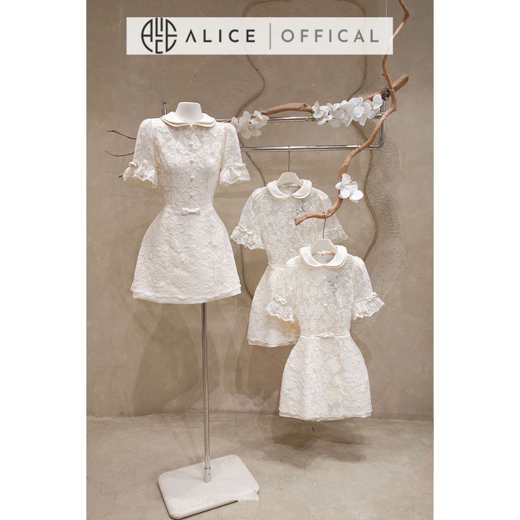 Váy Ren Hoa Nổi Cao Cấp Alice Dáng Xòe Tiểu Thư, Đầm Thiết Kế Chữ A Cổ Sen Phối Nơ Sang Chảnh T452
