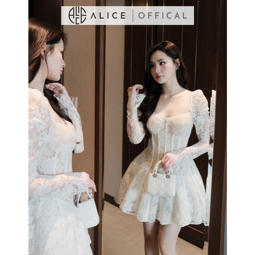 Váy Ren Nữ Dự Tiệc Alice, Đầm Ngắn Tùng 4 Lớp Cổ Vuông Tay Dài Bồng Nhẹ Có Đệm Ngực Phù Hợp Đi Tiệc V1334