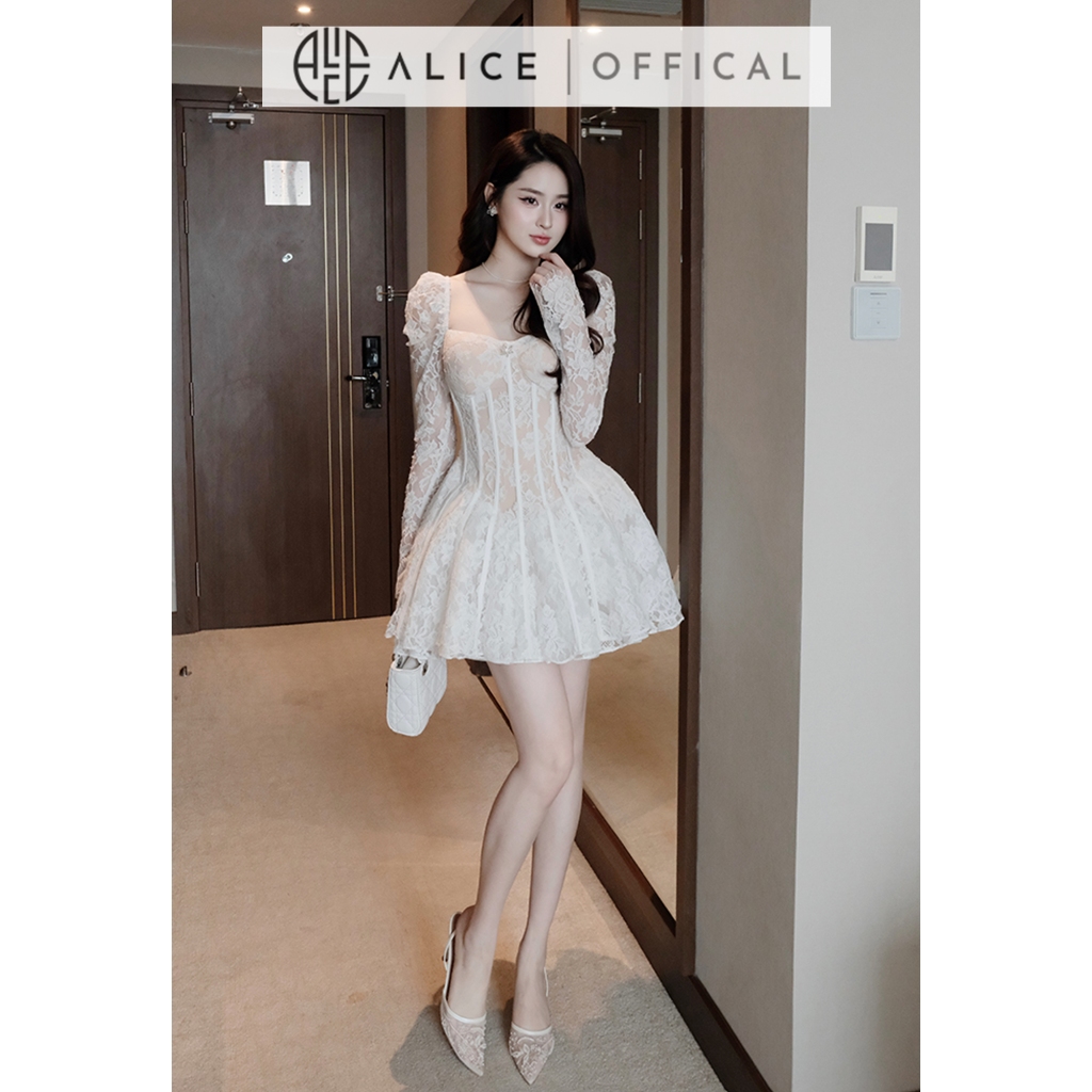 Váy Ren Nữ Dự Tiệc Alice, Đầm Ngắn Tùng 4 Lớp Cổ Vuông Tay Dài Bồng Nhẹ Có Đệm Ngực Phù Hợp Đi Tiệc V1334