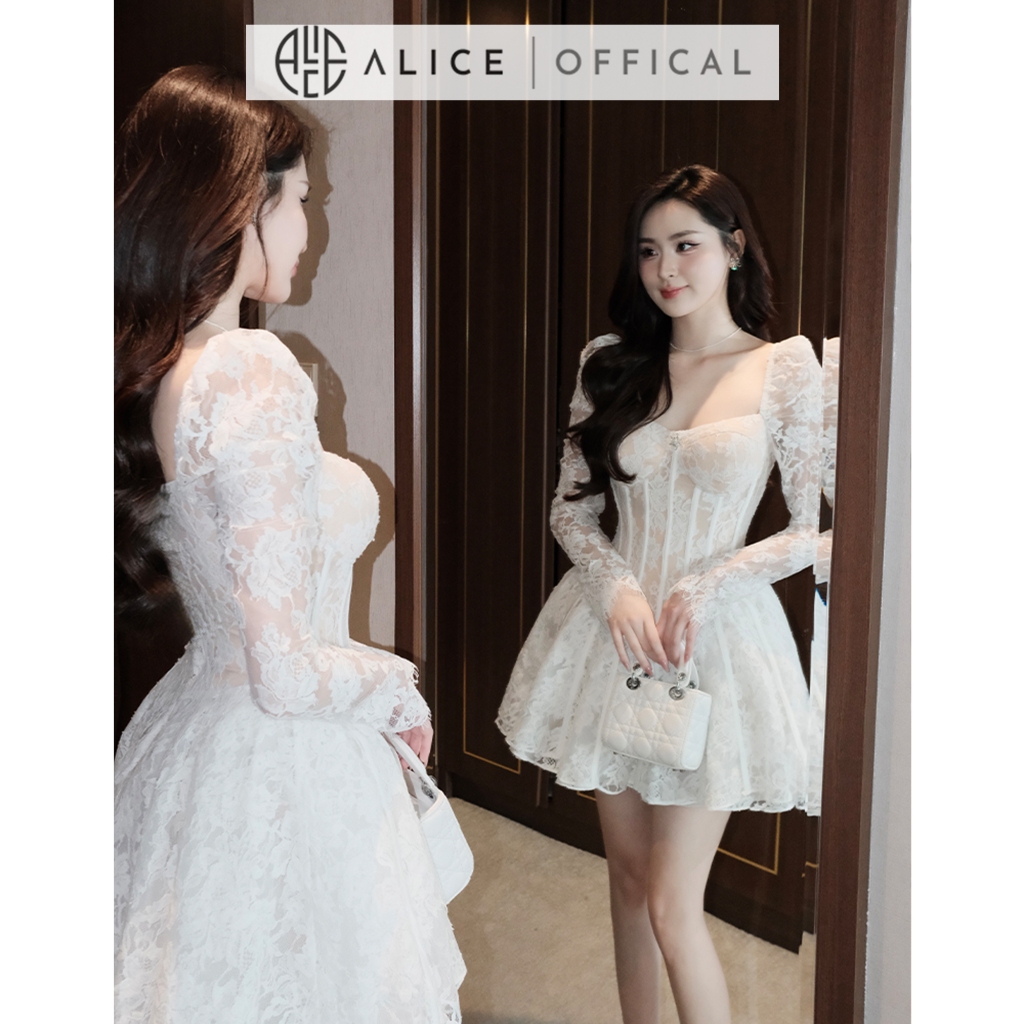 Váy Ren Nữ Dự Tiệc Alice, Đầm Ngắn Tùng 4 Lớp Cổ Vuông Tay Dài Bồng Nhẹ Có Đệm Ngực Phù Hợp Đi Tiệc V1334