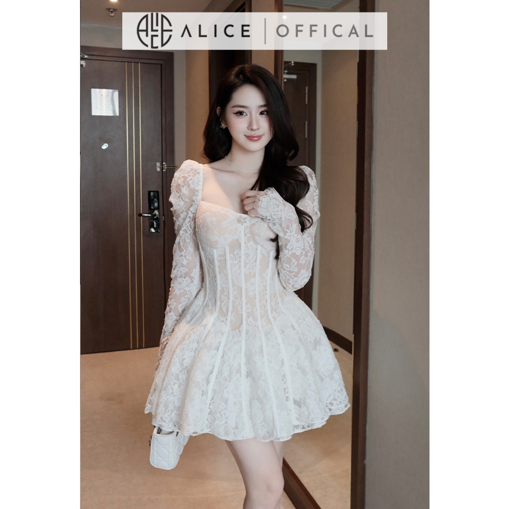 Váy Ren Nữ Dự Tiệc Alice, Đầm Ngắn Tùng 4 Lớp Cổ Vuông Tay Dài Bồng Nhẹ Có Đệm Ngực Phù Hợp Đi Tiệc V1334