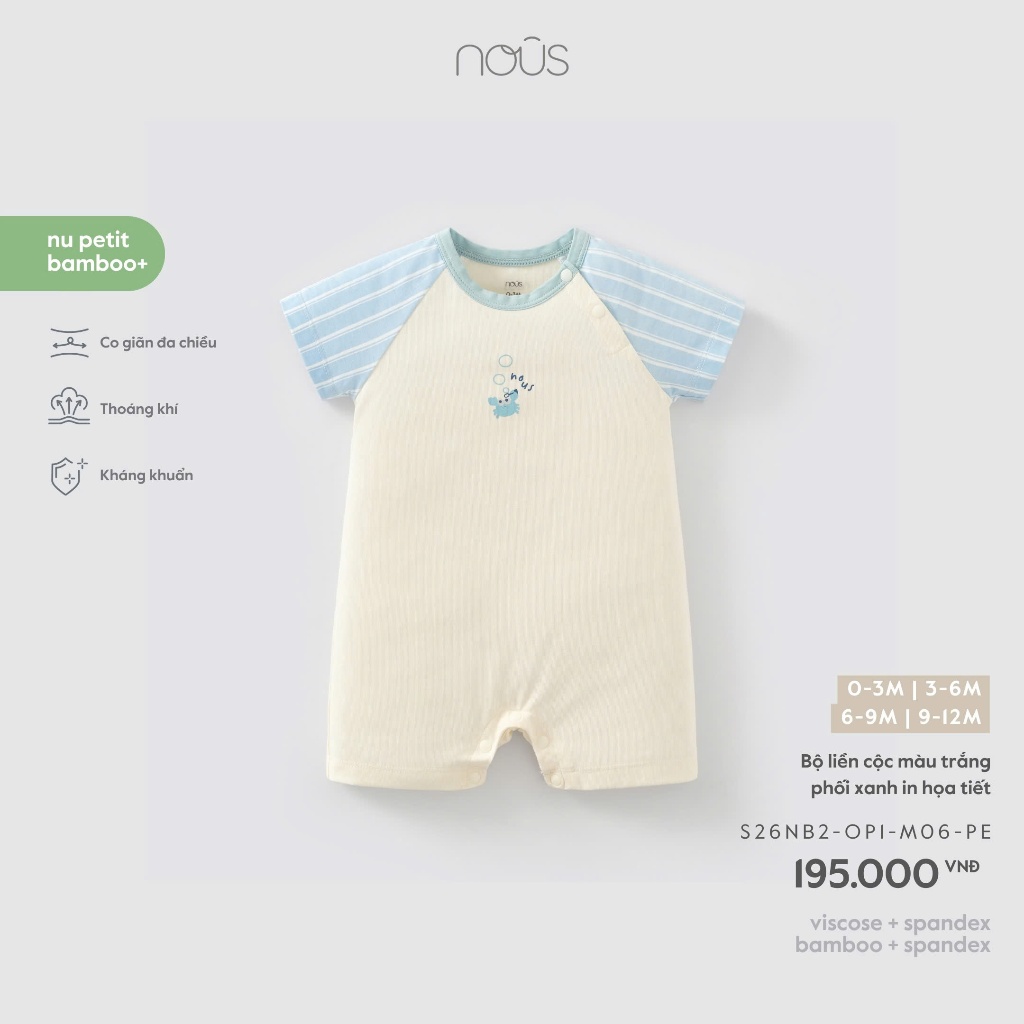 Bộ liền cộc màu trắng phối xanh in họa tiết Nous Bình Dương
