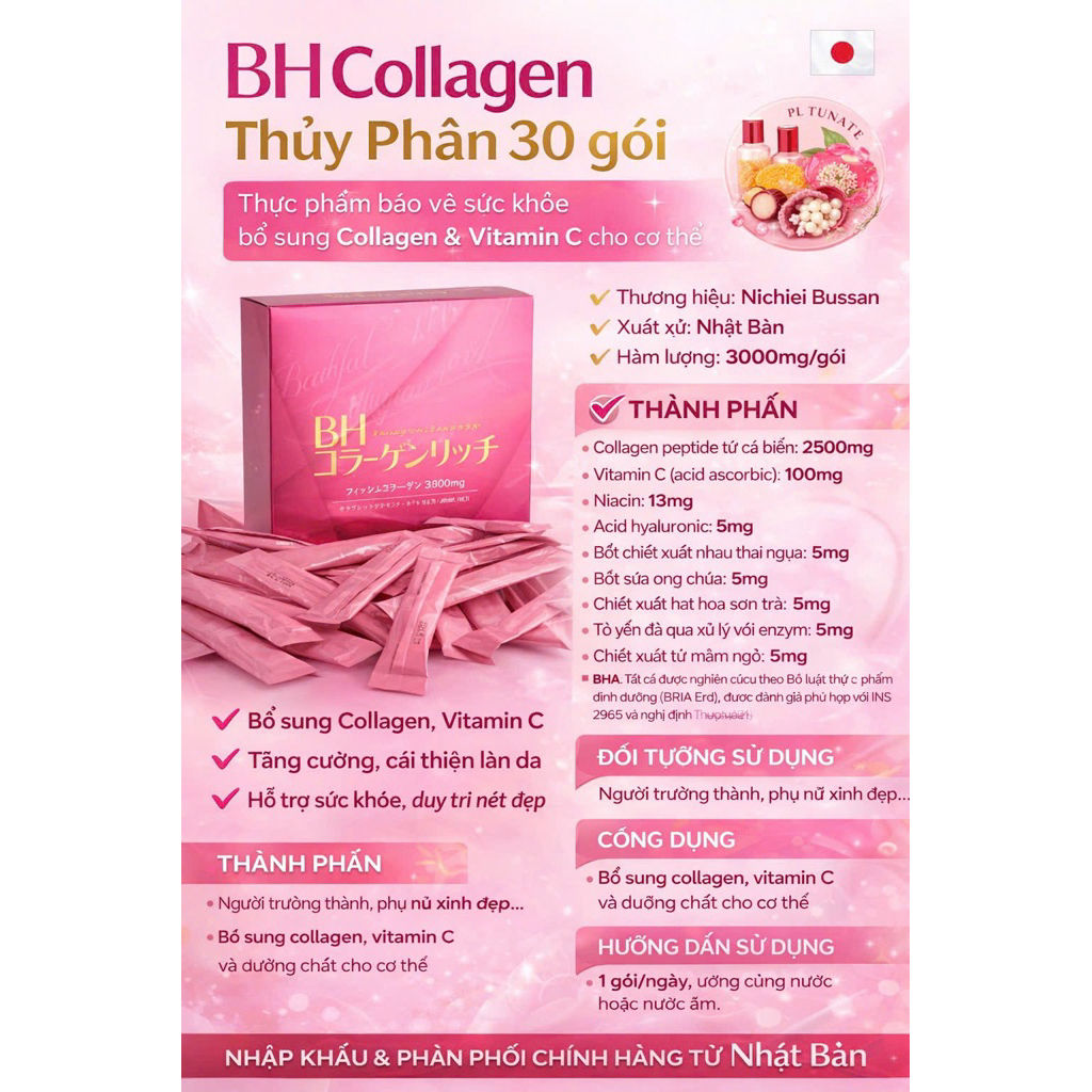 BH Collagen Nichiei Bussan Thủy Phân -Hộp 30 gói- Thực phẩm bổ sung Collagen & Vitamin C cho cơ thể