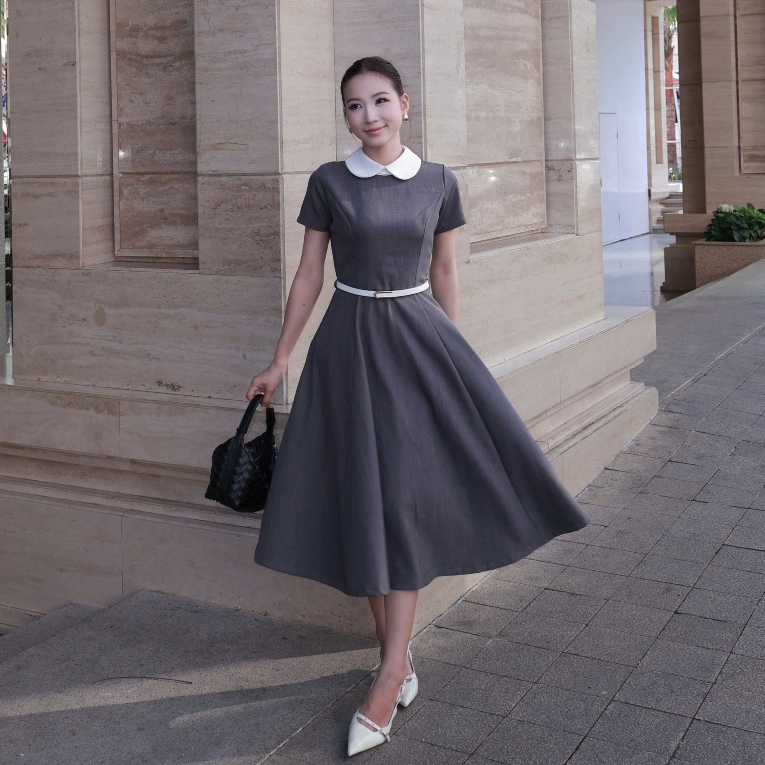JOLLY STUDIO - Đầm nữ dáng dài Xám trơn phối cổ trắng cao cấp D015