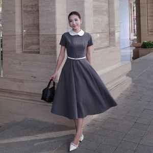 JOLLY STUDIO - Đầm nữ dáng dài Xám trơn phối cổ trắng cao cấp D015