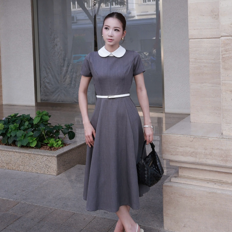 JOLLY STUDIO - Đầm nữ dáng dài Xám trơn phối cổ trắng cao cấp D015