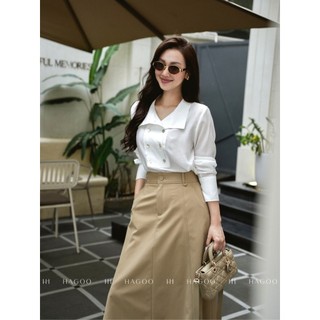 Áo sơ mi tơ nữ cổ đứng rộng đáp gấu HAGOO phong cách trẻ trung thanh lịch công sở [A8119]