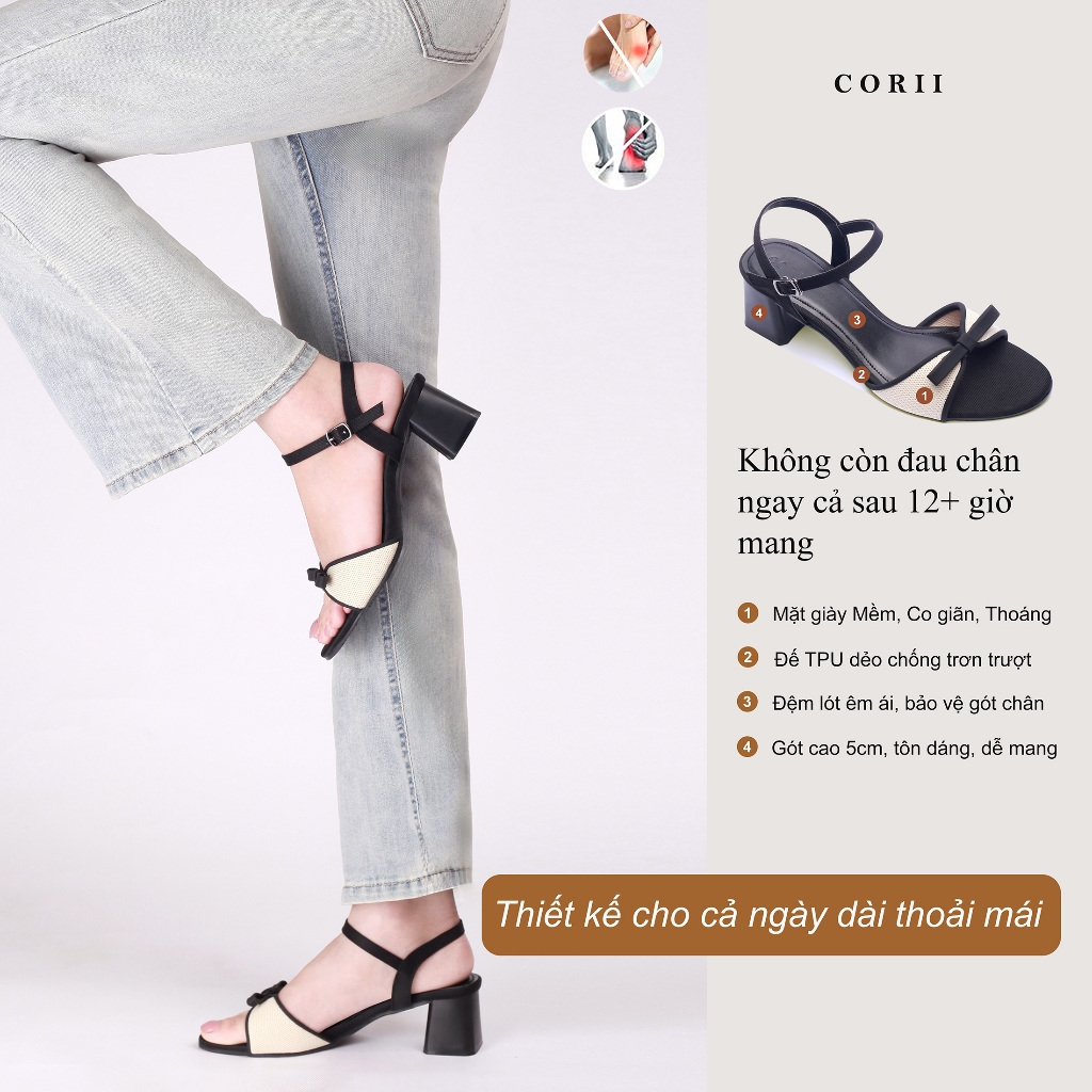 CORII - Giày Sandal Cao Gót Quai Ngang Mũi Tròn Phối Nơ Thời Trang và Thoải Mái Nhất - CR6ELA1 Đen