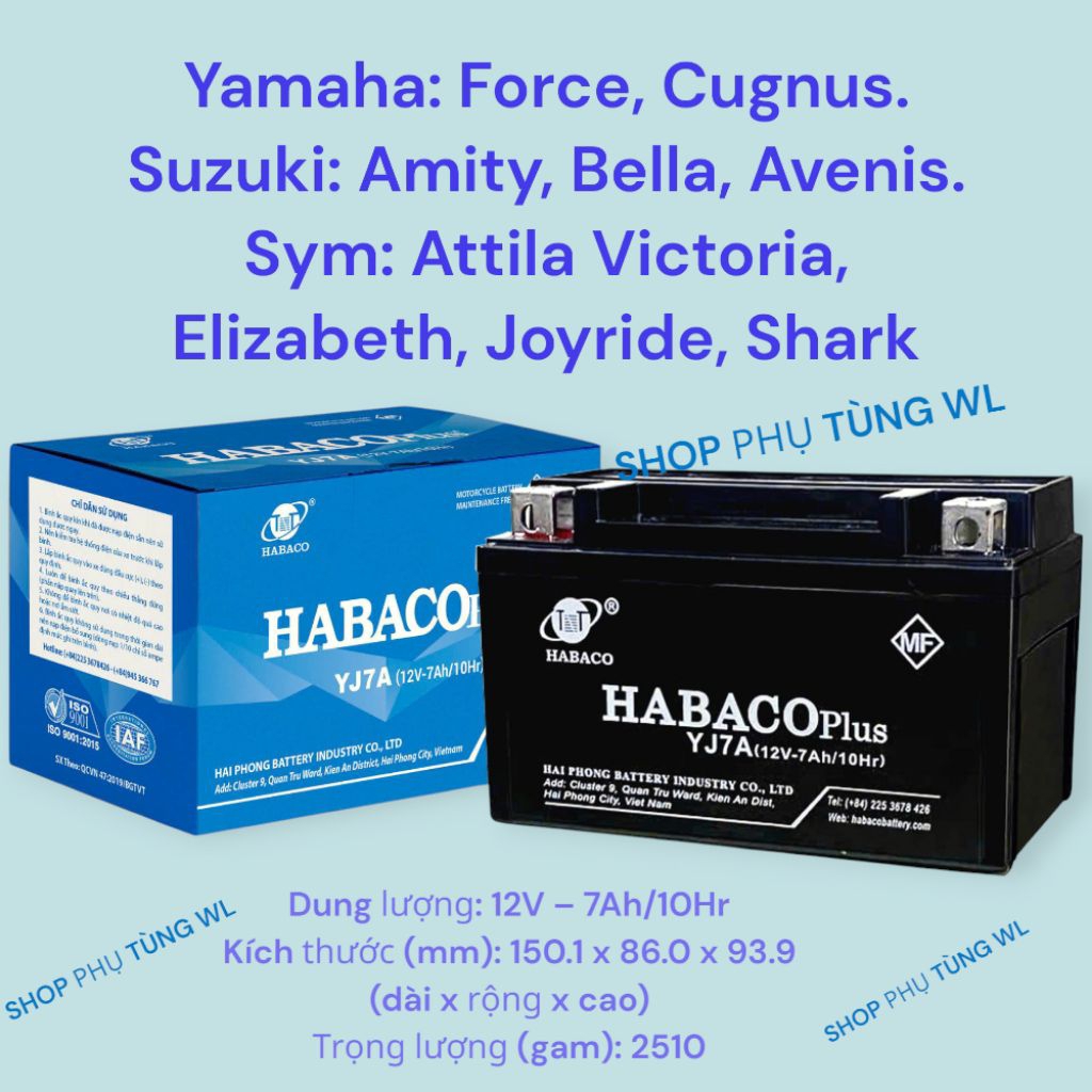 Bình ắc quy 7 lùn HABACO lắp xe SYM Attila, Elizabeth, YAMAHA Force ...
