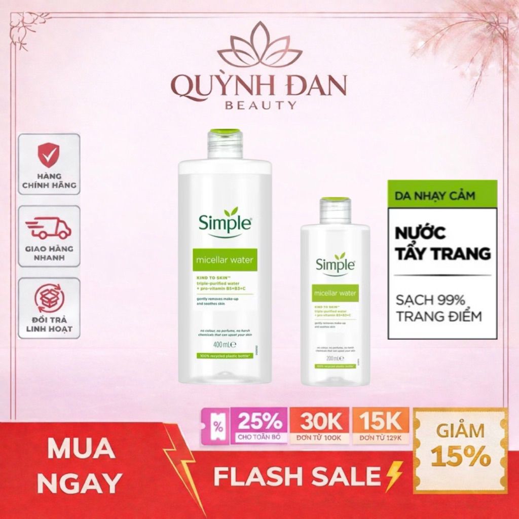 Nước tẩy trang Simple Micellar water không chứa cồn 200ml/400ml