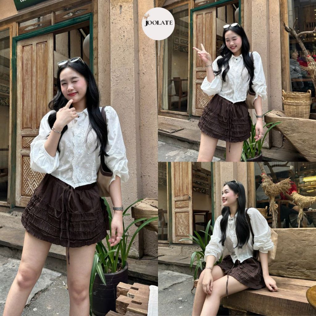 Áo Sơ Mi Tay Bồng Croptop Viền Bèo Phong Cách Vintage Nữ Tính JOOLATE 100 P7K3