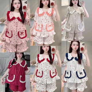 Bộ Đồ Ngủ Nữ JUSOKA Pijama Mặc Nhà Cổ Sen Ren Trắng Chất Đũi Vân Mây Siêu Xinh Dễ Thương Dành Cho Nữ DU06