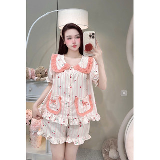 Bộ Đồ Ngủ Nữ JUSOKA Pijama Mặc Nhà Cổ Sen Ren Trắng Chất Đũi Vân Mây Siêu Xinh Dễ Thương Dành Cho Nữ DU06
