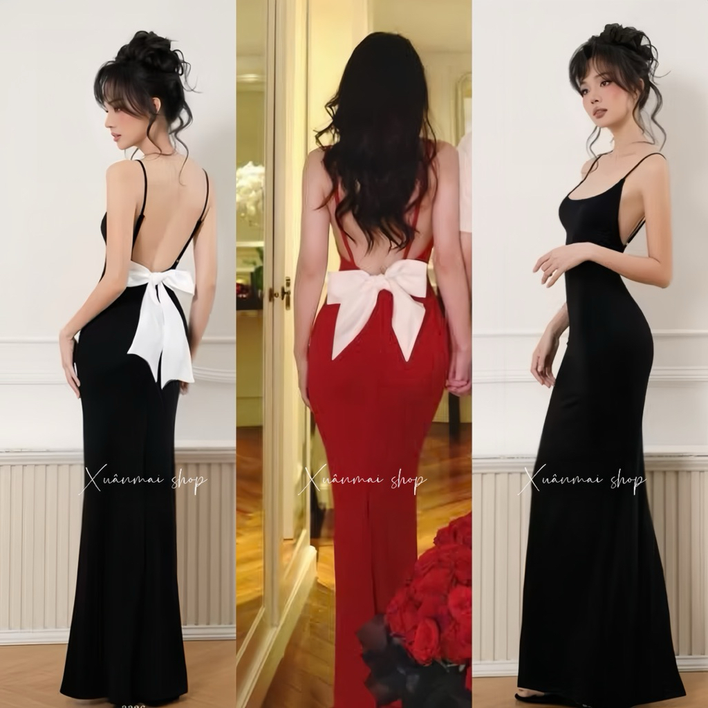 Xuanmaishop Đầm DÂY XẺ TÀ NƠ TRẮNG SAU sẵn MÚT dáng xẻ tà đuôi cá nơ sau hở lưng chất thun ladong