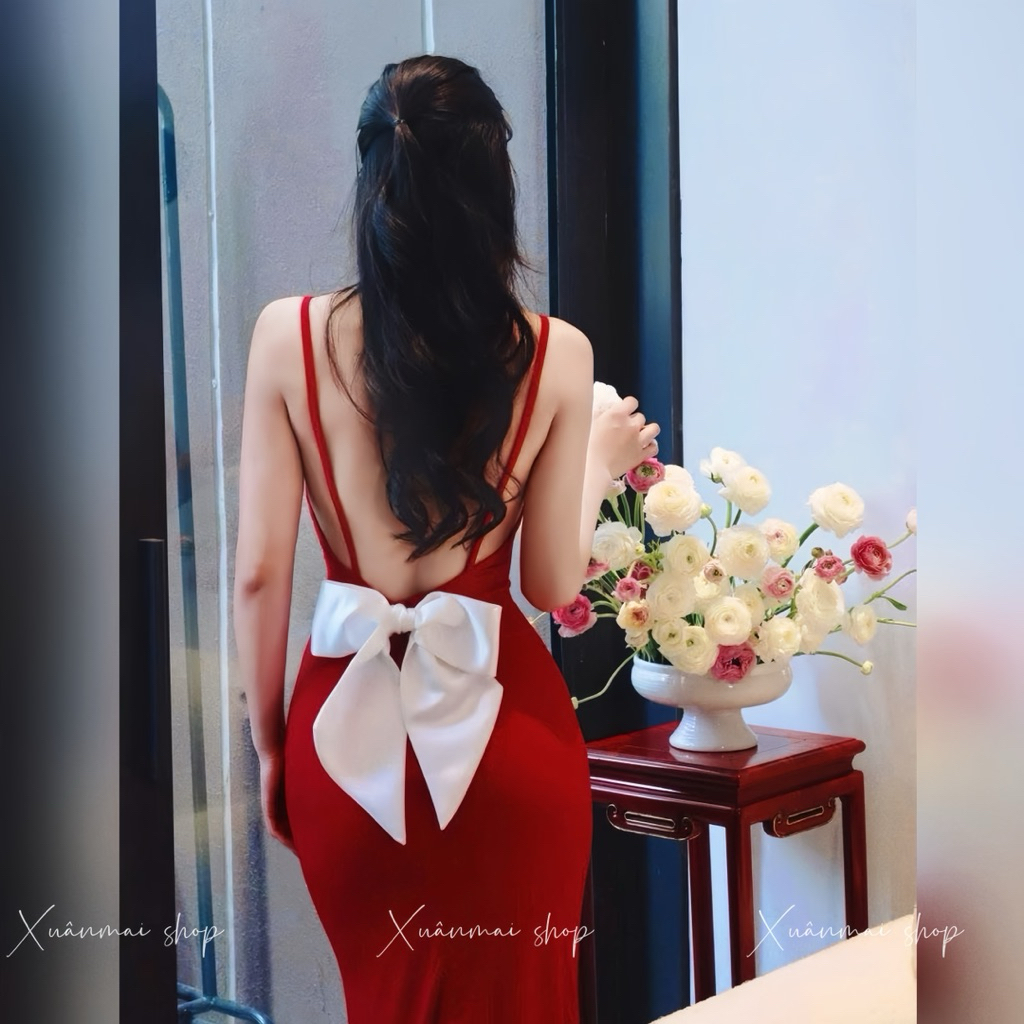 Xuanmaishop Đầm DÂY XẺ TÀ NƠ TRẮNG SAU sẵn MÚT dáng xẻ tà đuôi cá nơ sau hở lưng chất thun ladong