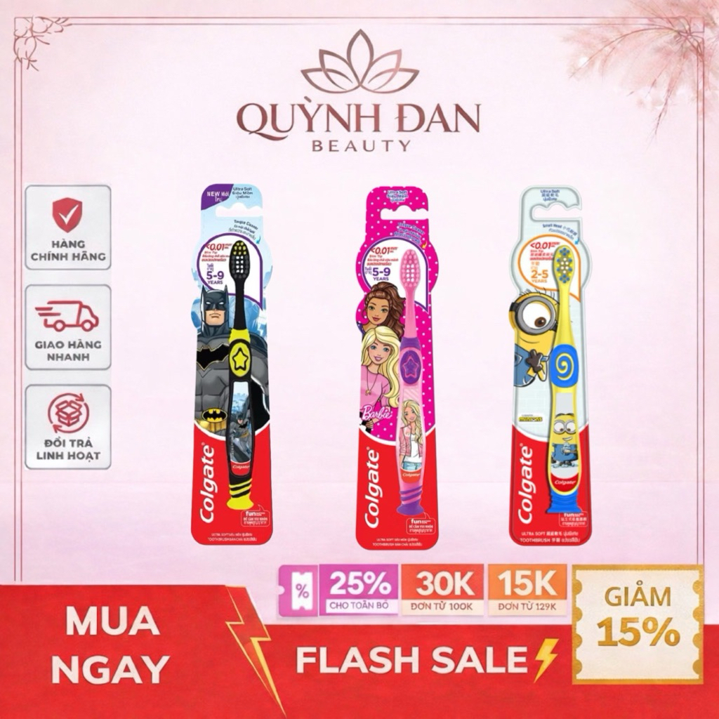 Bàn chải cho bé Colgate lông siêu mềm Spiderman/Batman/Barbie Girl 5 - 9 tuổi/ Minion 2-5 tuổi